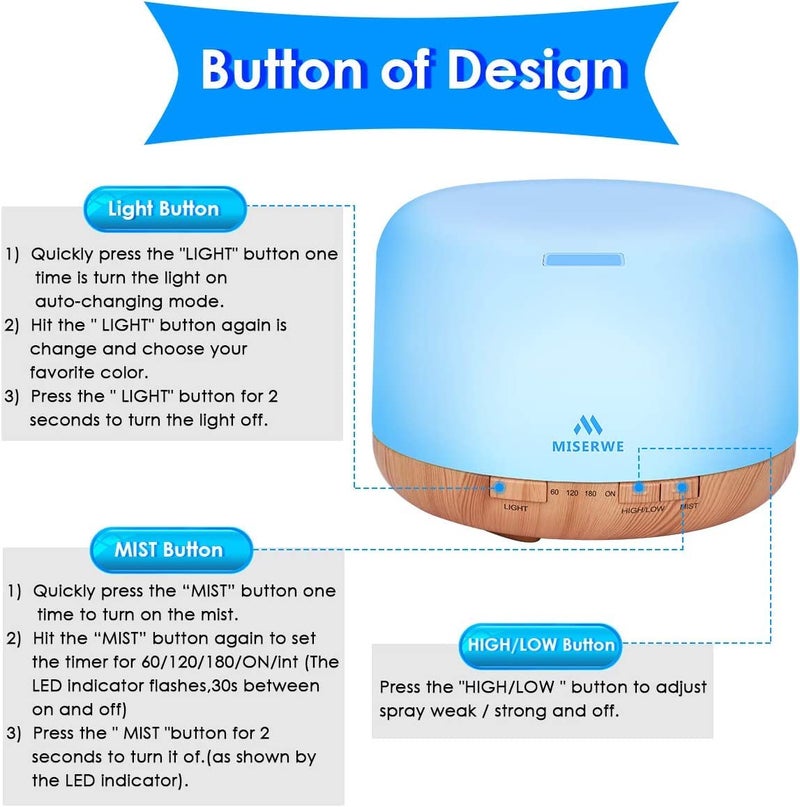 Miserwe 500ml Diffuser with Remote Control Waterless Automatic Shut Off Essential Oil Diffusers with Timing Mode Adjustable Oil Diffuser for Home - Image 2